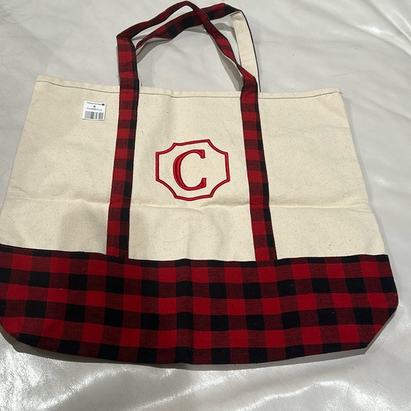 CHRISTMAS TREE SHOPS Cotton Canvas Tote Bag (Monogrammed “C”), Cream & Red\Black - Picture 2 of 13